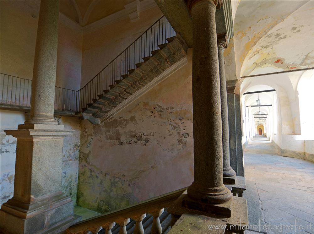 Biella, Italy - Staircase and loggiato in the upper courtyard of the Sanctuary of Oropa